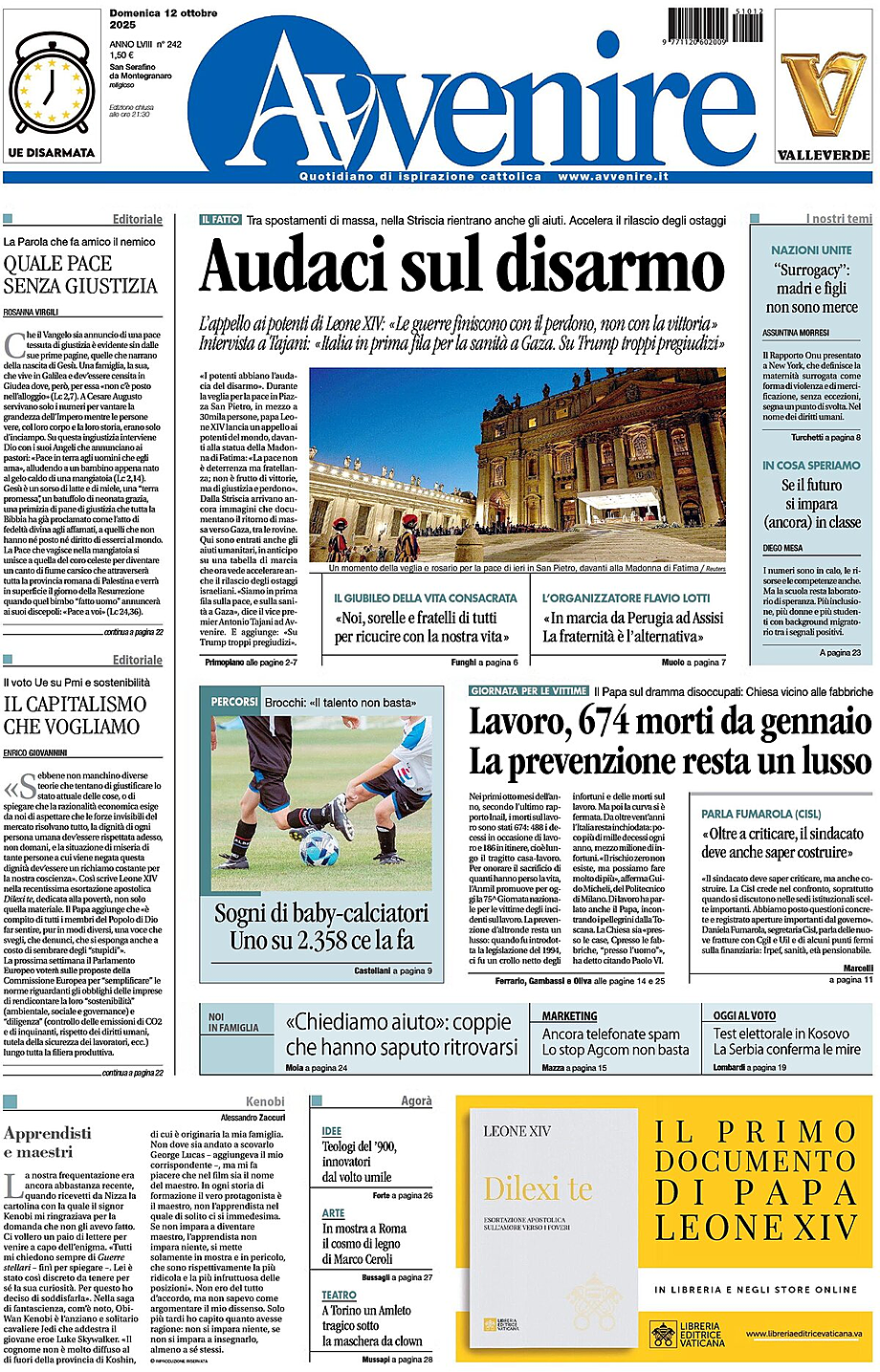Prima pagina Avvenire di oggi - Edicola 12 Ottobre 2025