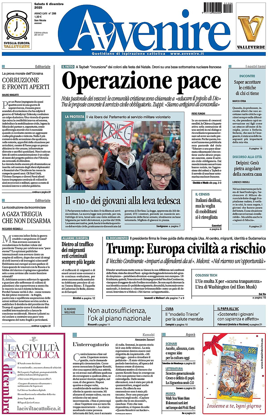Prima pagina Avvenire di oggi - Edicola 6 Dicembre 2025