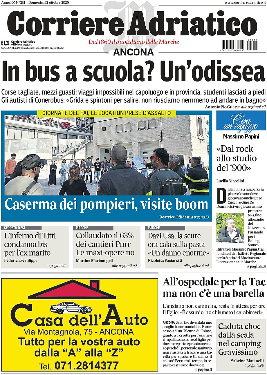 Prima pagina Corriere Adriatico (Ancona) di oggi - Edicola 12 Ottobre 2025