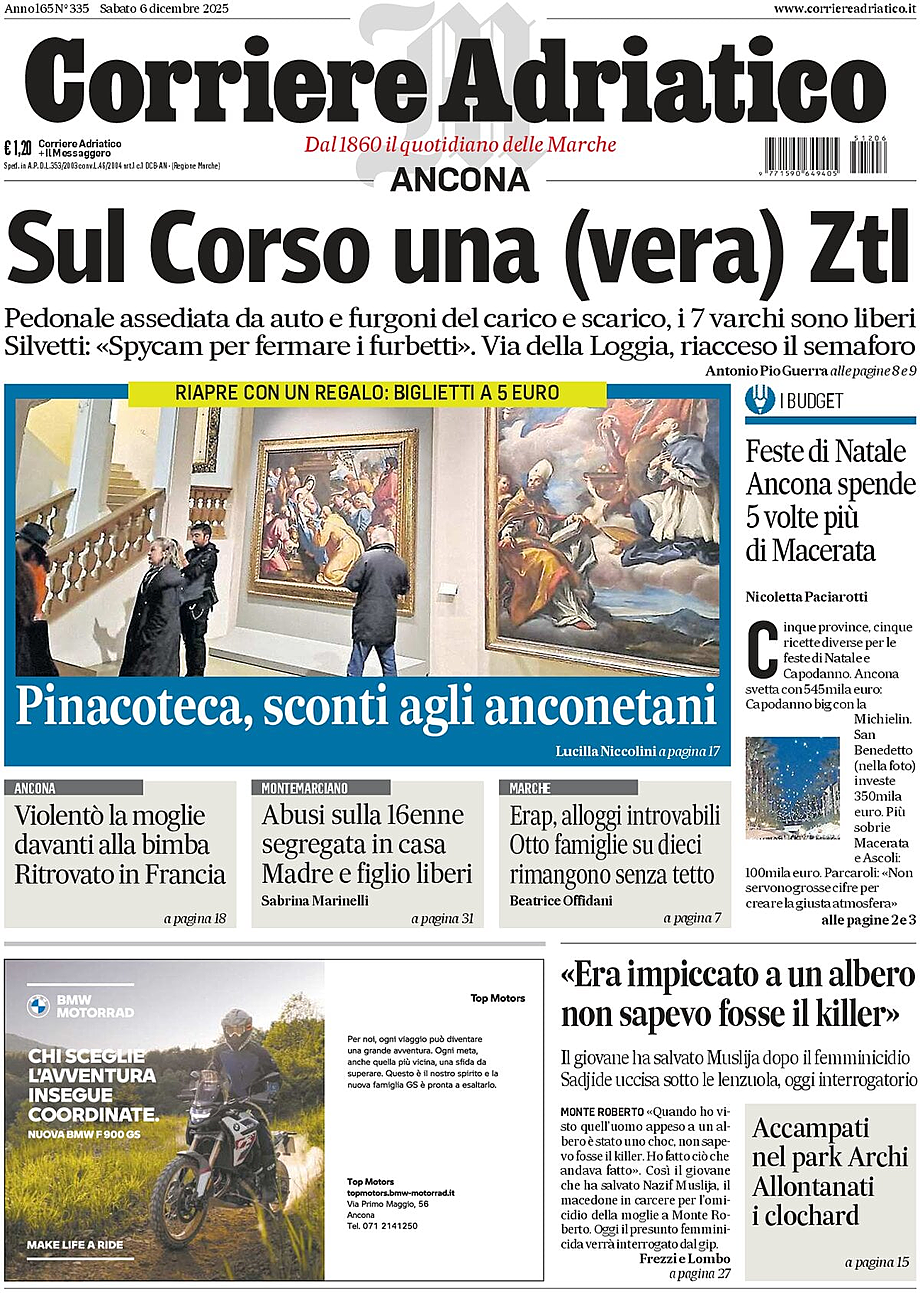 Prima pagina Corriere Adriatico (Ancona) di oggi - Edicola 6 Dicembre 2025