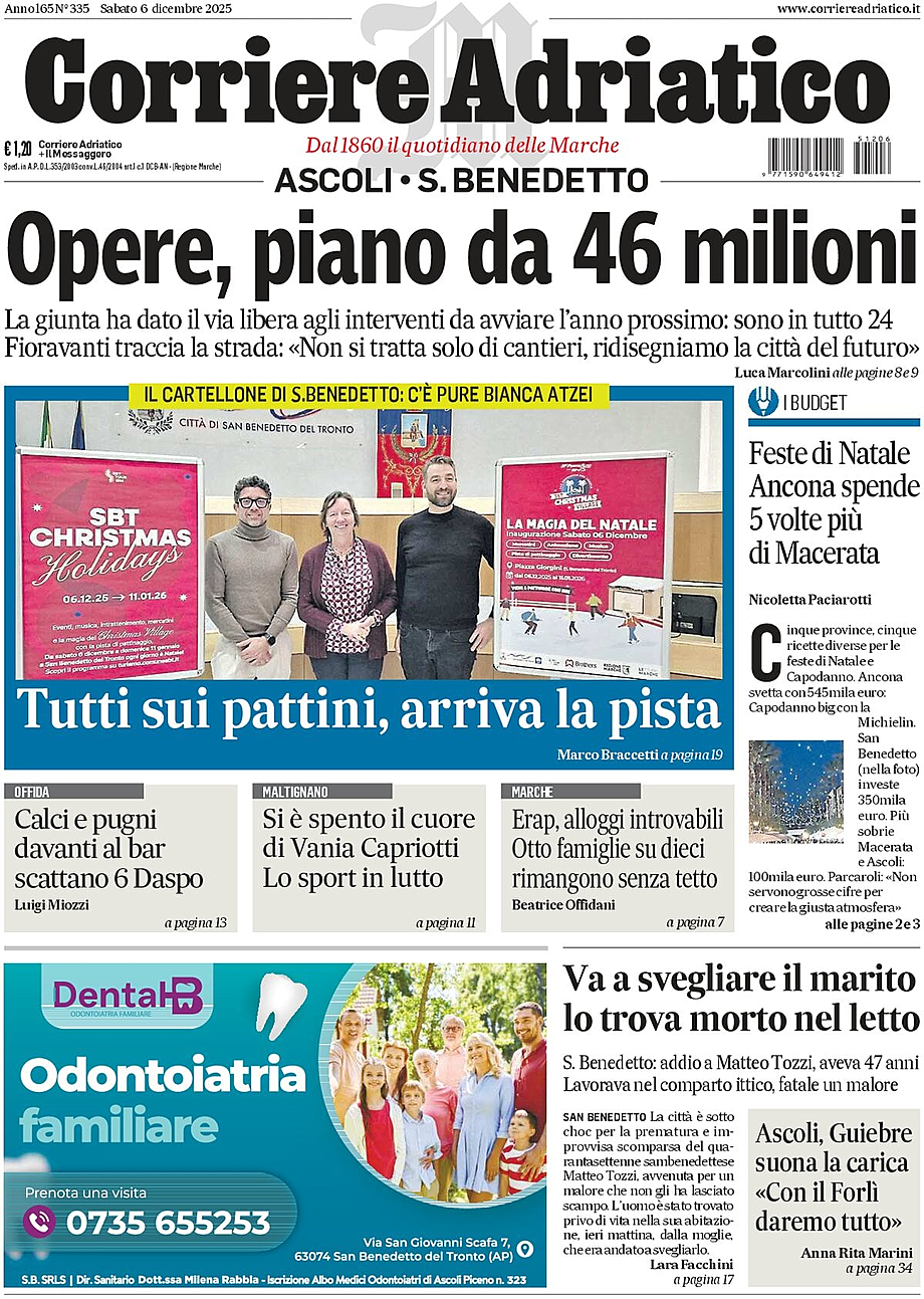 Prima pagina Corriere Adriatico (Ascoli) di oggi - Edicola 6 Dicembre 2025
