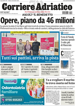 Prima pagina Corriere Adriatico (Ascoli) di oggi - Quotidiano regionale