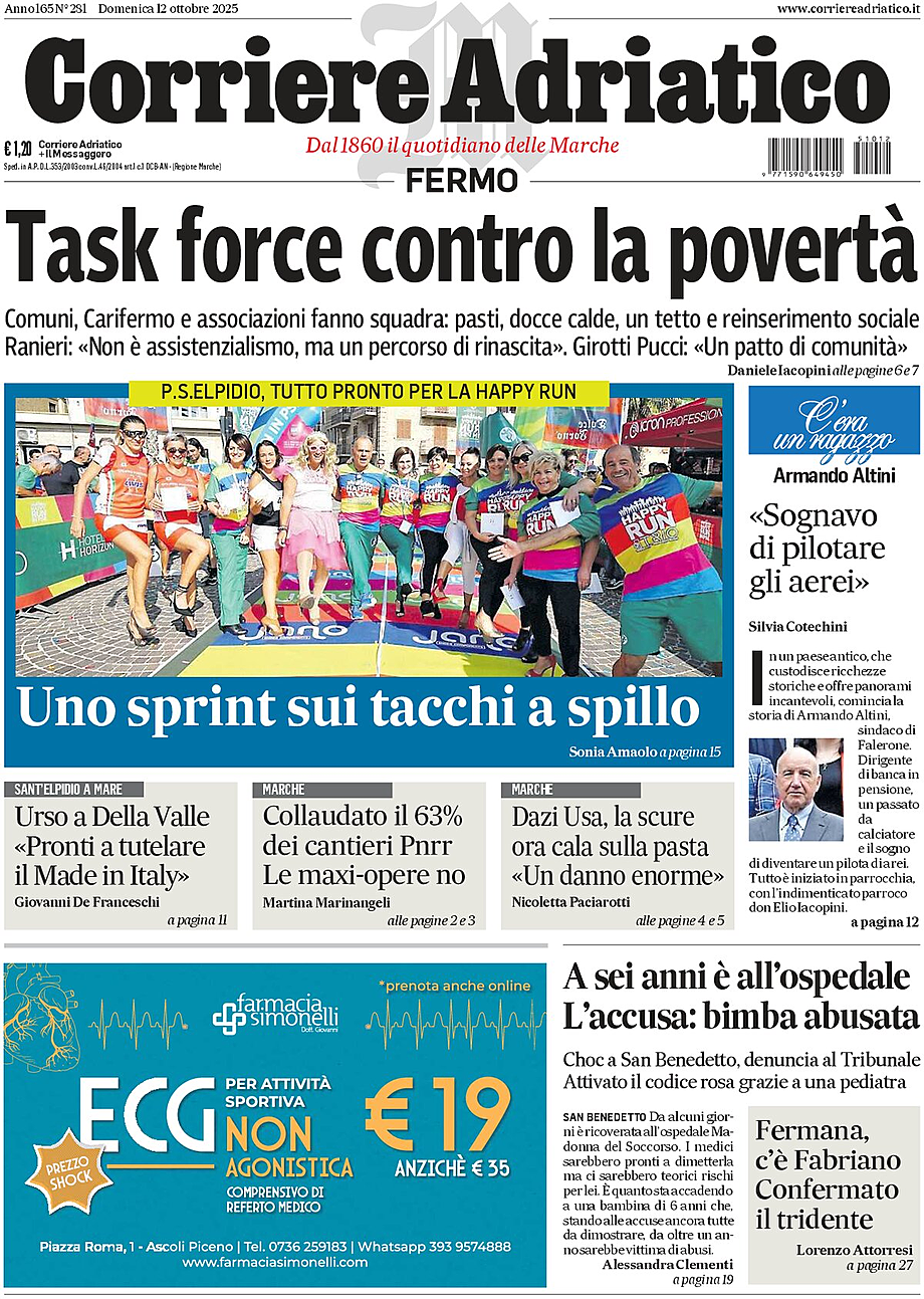 Prima pagina Corriere Adriatico (Fermo) di oggi - Edicola 12 Ottobre 2025