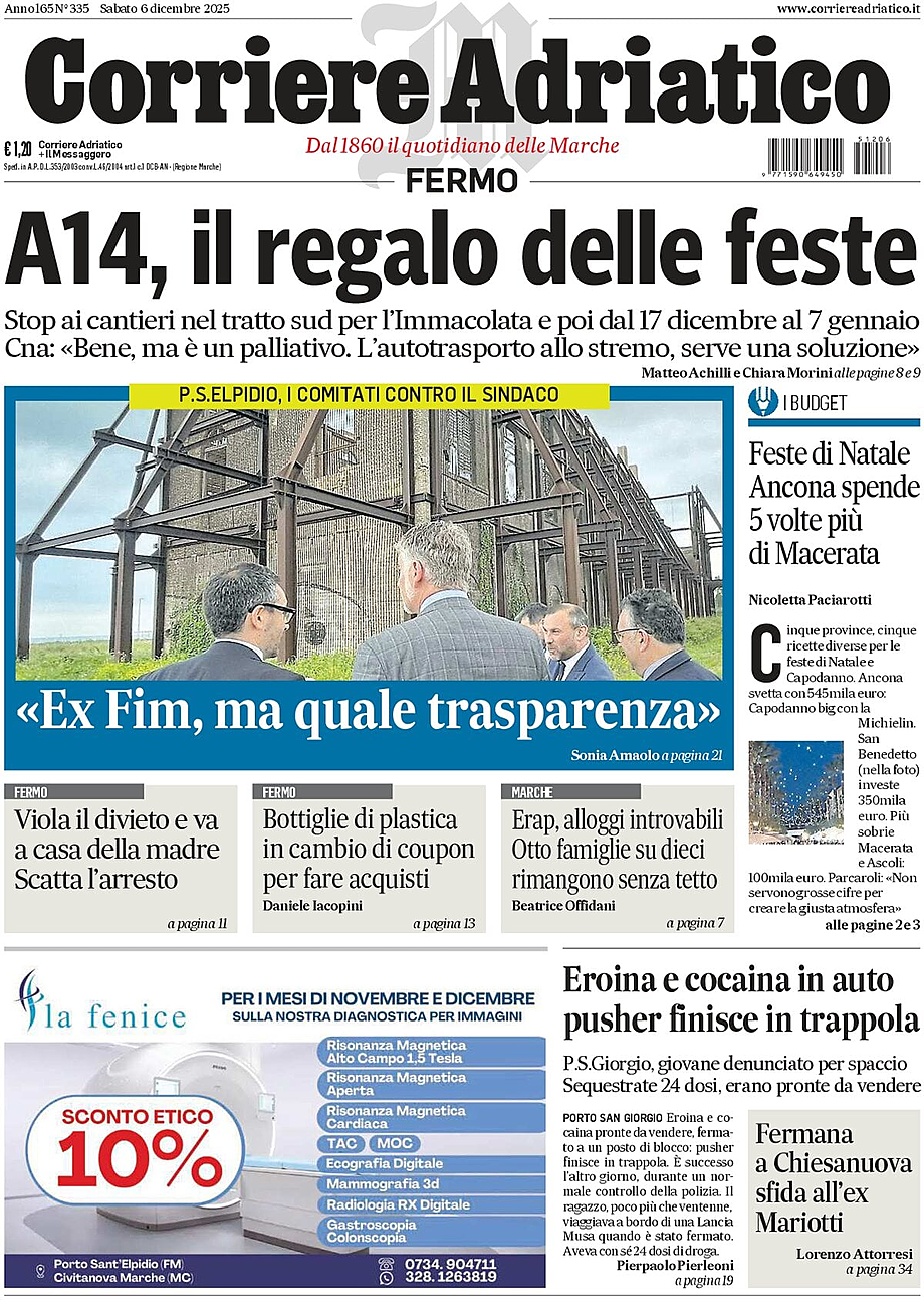 Prima pagina Corriere Adriatico (Fermo) di oggi - Edicola 6 Dicembre 2025
