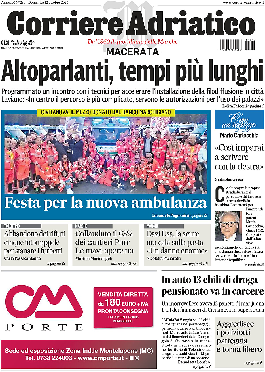 Prima pagina Corriere Adriatico (Macerata) di oggi - Edicola 12 Ottobre 2025