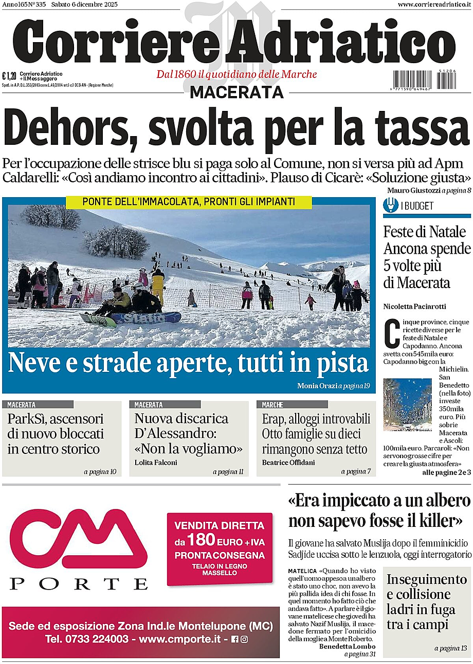 Prima pagina Corriere Adriatico (Macerata) di oggi - Edicola 6 Dicembre 2025