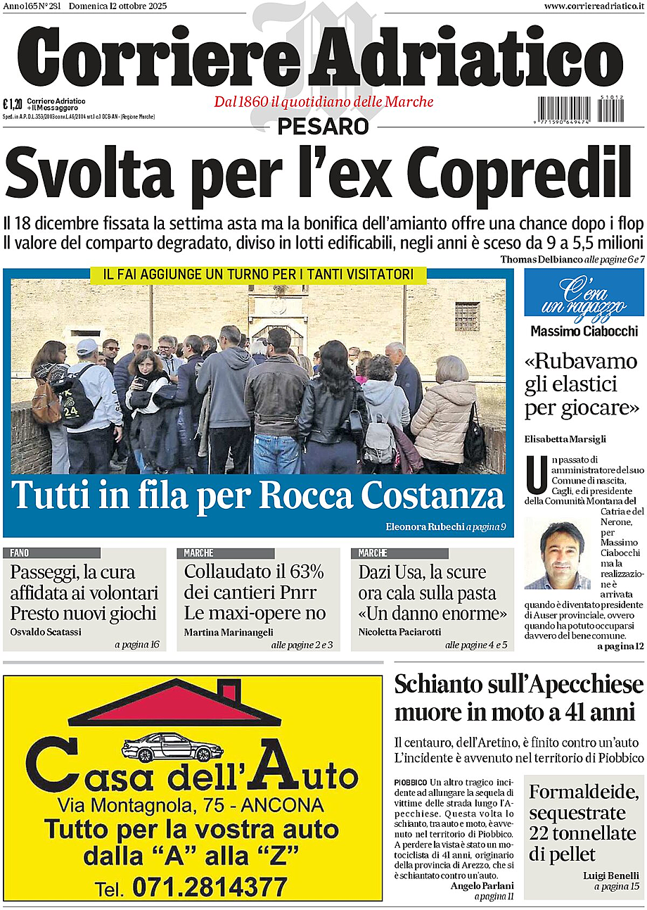 Prima pagina Corriere Adriatico (Pesaro) di oggi - Edicola 12 Ottobre 2025