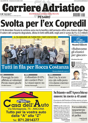Prima pagina Corriere Adriatico (Pesaro) di oggi - Quotidiano regionale