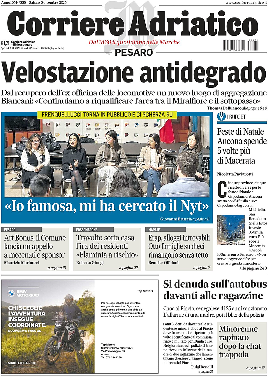Prima pagina Corriere Adriatico (Pesaro) di oggi - Edicola 6 Dicembre 2025