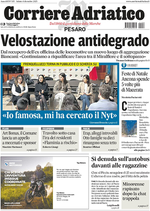 Prima pagina Corriere Adriatico (Pesaro) di oggi - Quotidiano regionale