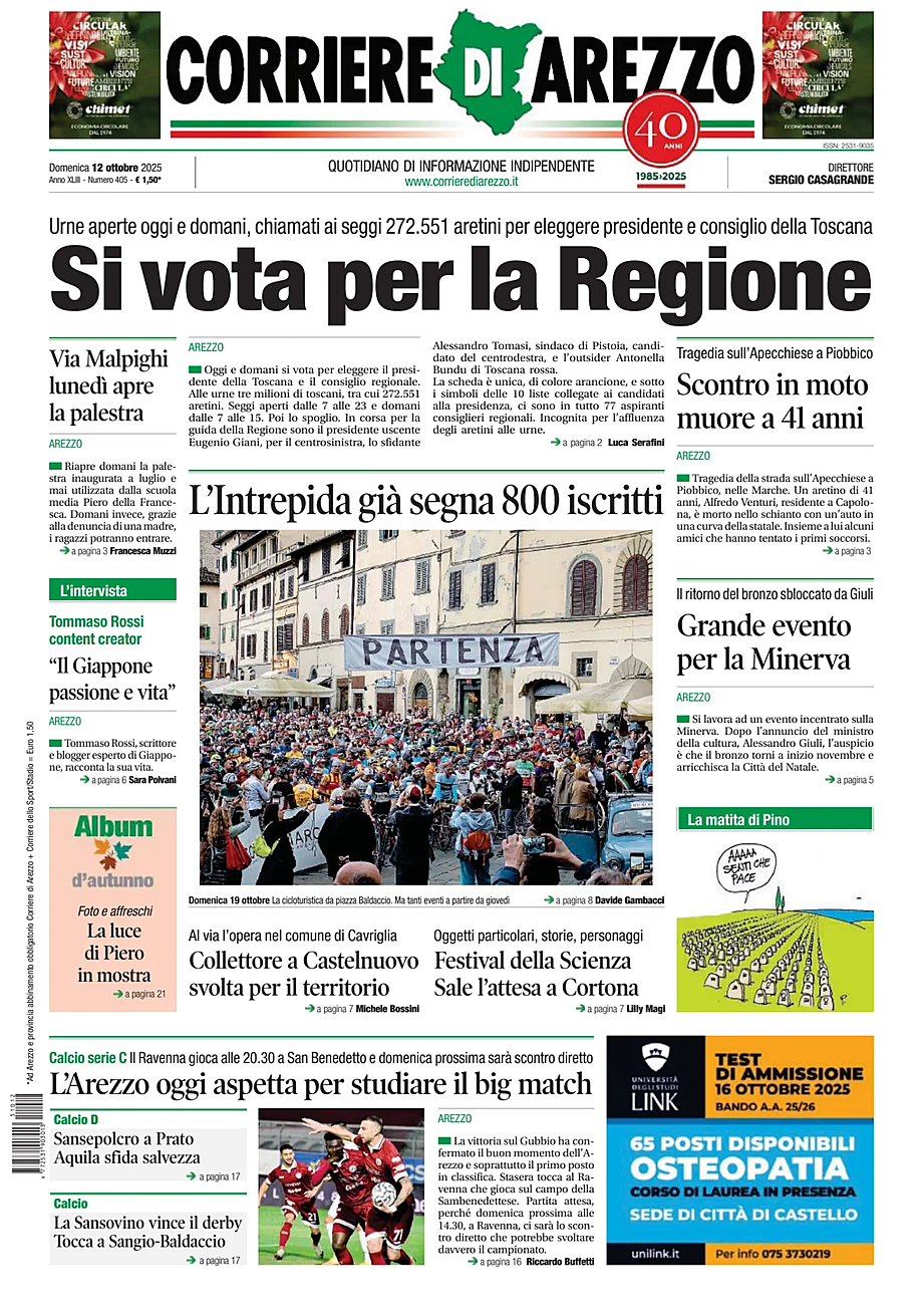 Prima pagina Corriere di Arezzo di oggi - Edicola 12 Ottobre 2025