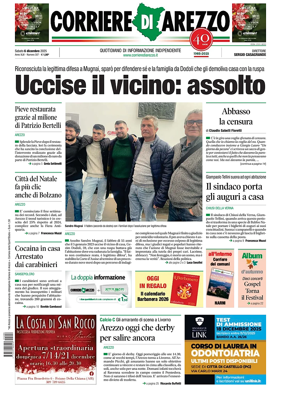 Prima pagina Corriere di Arezzo di oggi - Edicola 6 Dicembre 2025