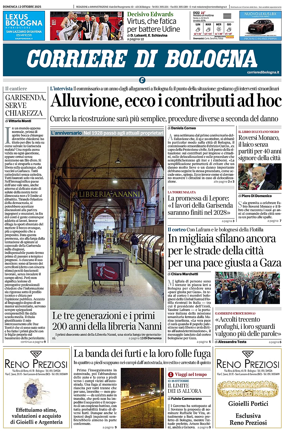 Prima pagina Corriere di Bologna di oggi - Edicola 12 Ottobre 2025