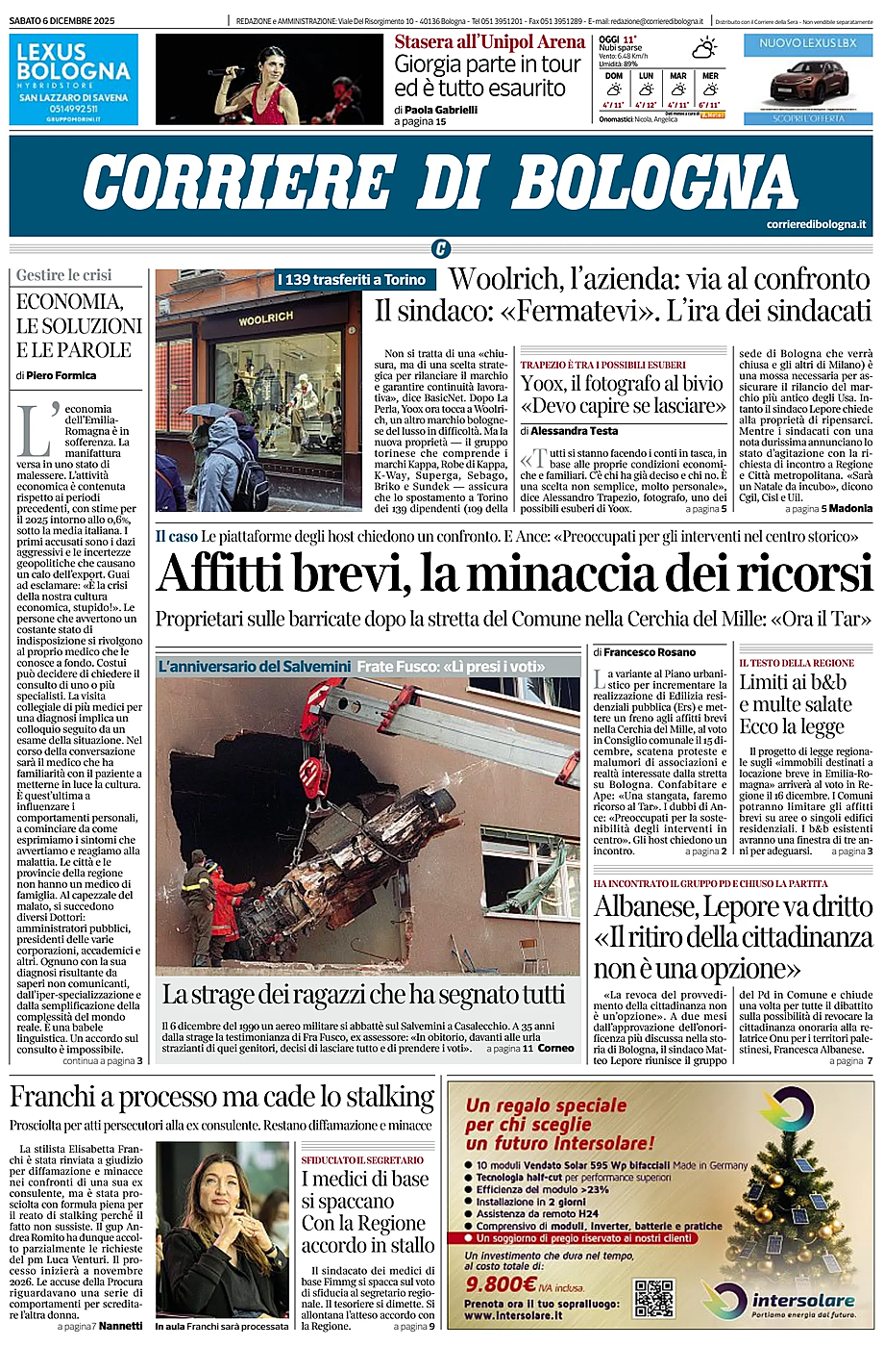 Prima pagina Corriere di Bologna di oggi - Edicola 6 Dicembre 2025