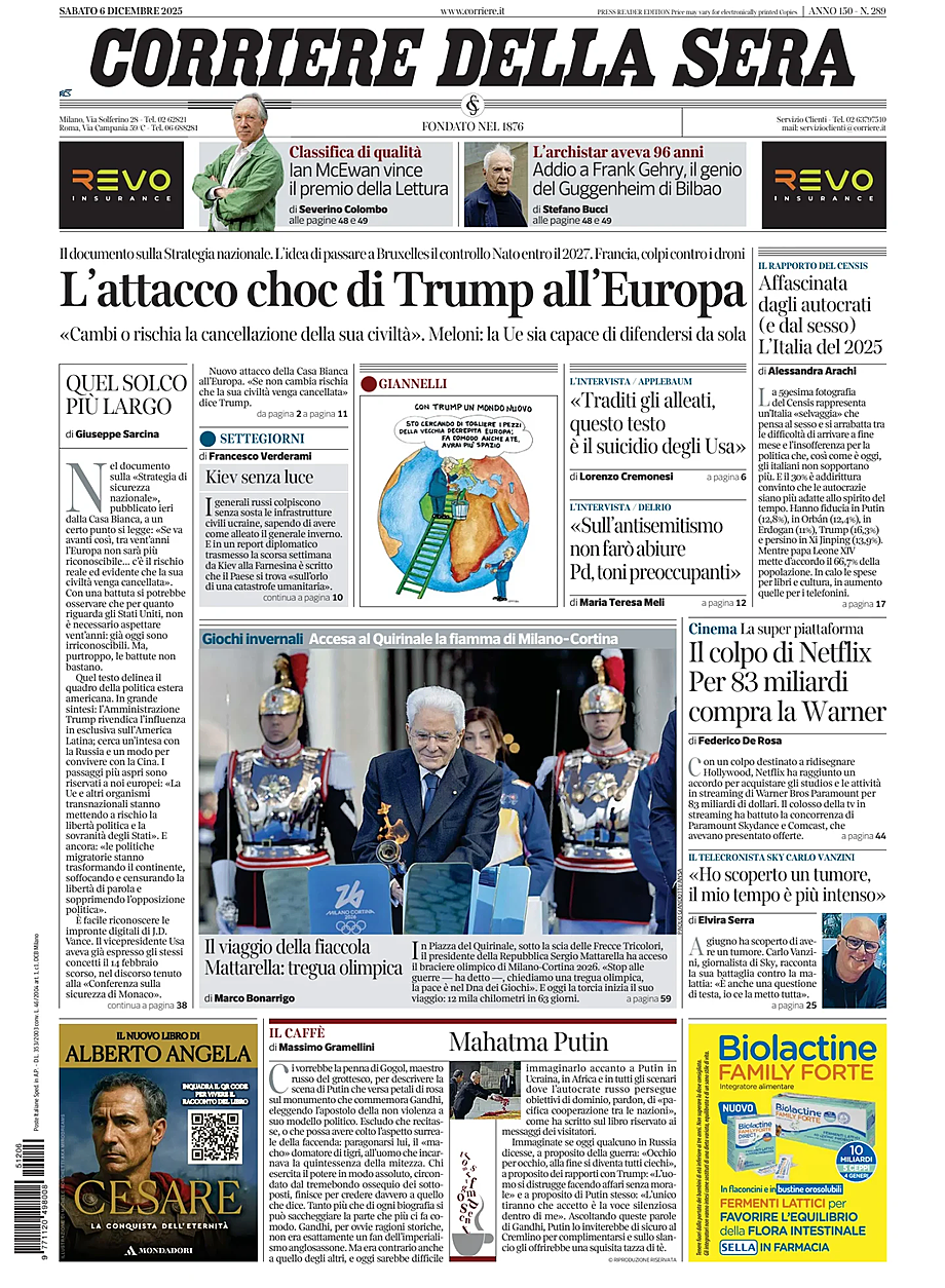 Prima pagina Corriere della Sera di oggi - Edicola 6 Dicembre 2025