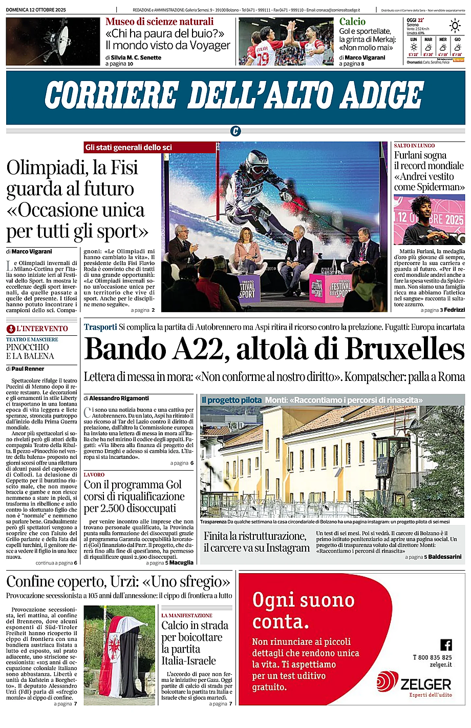 Prima pagina Corriere dell'Alto Adige di oggi - Edicola 12 Ottobre 2025