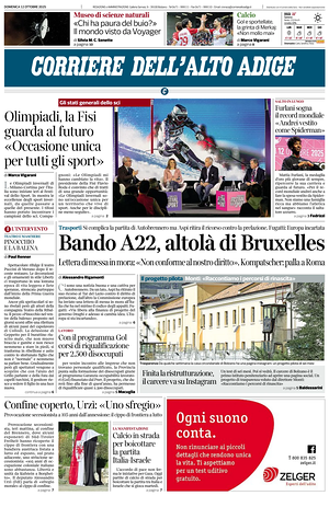 Prima pagina Corriere dell'Alto Adige di oggi - Quotidiano regionale