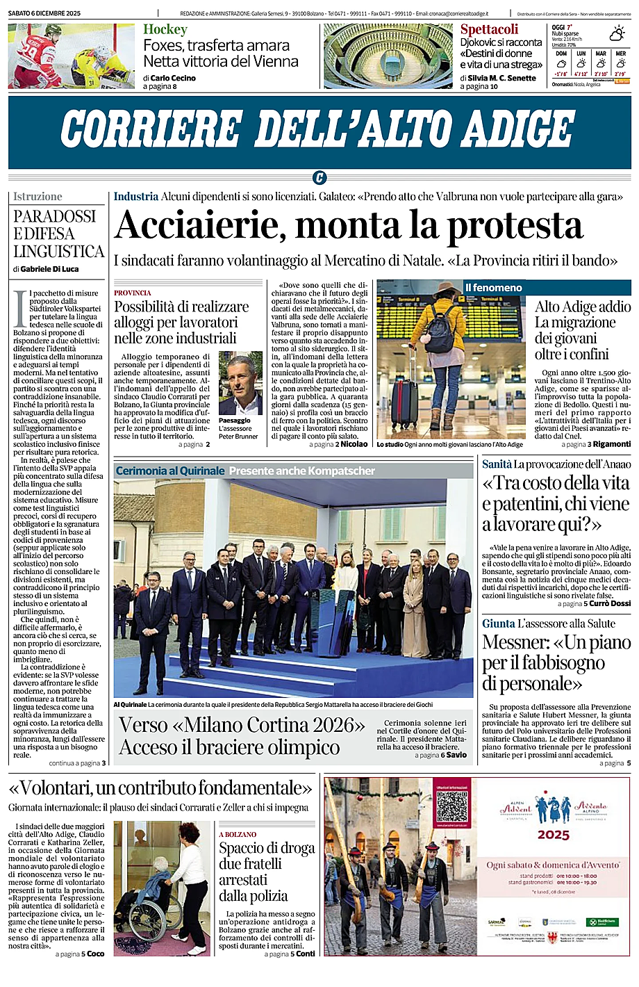 Prima pagina Corriere dell'Alto Adige di oggi - Edicola 6 Dicembre 2025