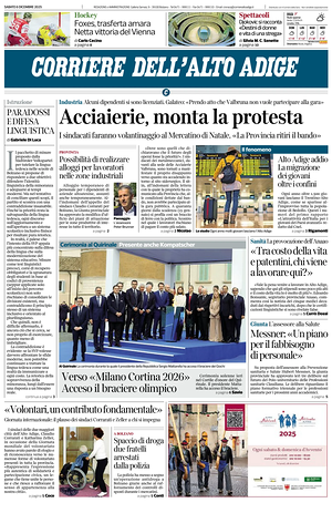 Prima pagina Corriere dell'Alto Adige di oggi - Quotidiano regionale