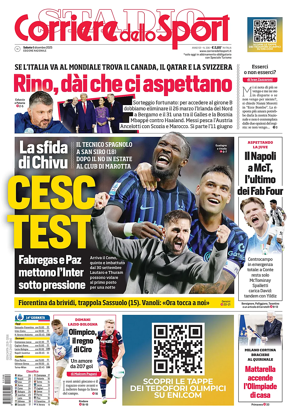 Prima pagina Corriere dello Sport di oggi - Edicola 6 Dicembre 2025