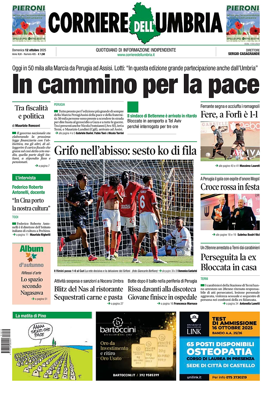 Prima pagina Corriere dell'Umbria di oggi - Edicola 12 Ottobre 2025