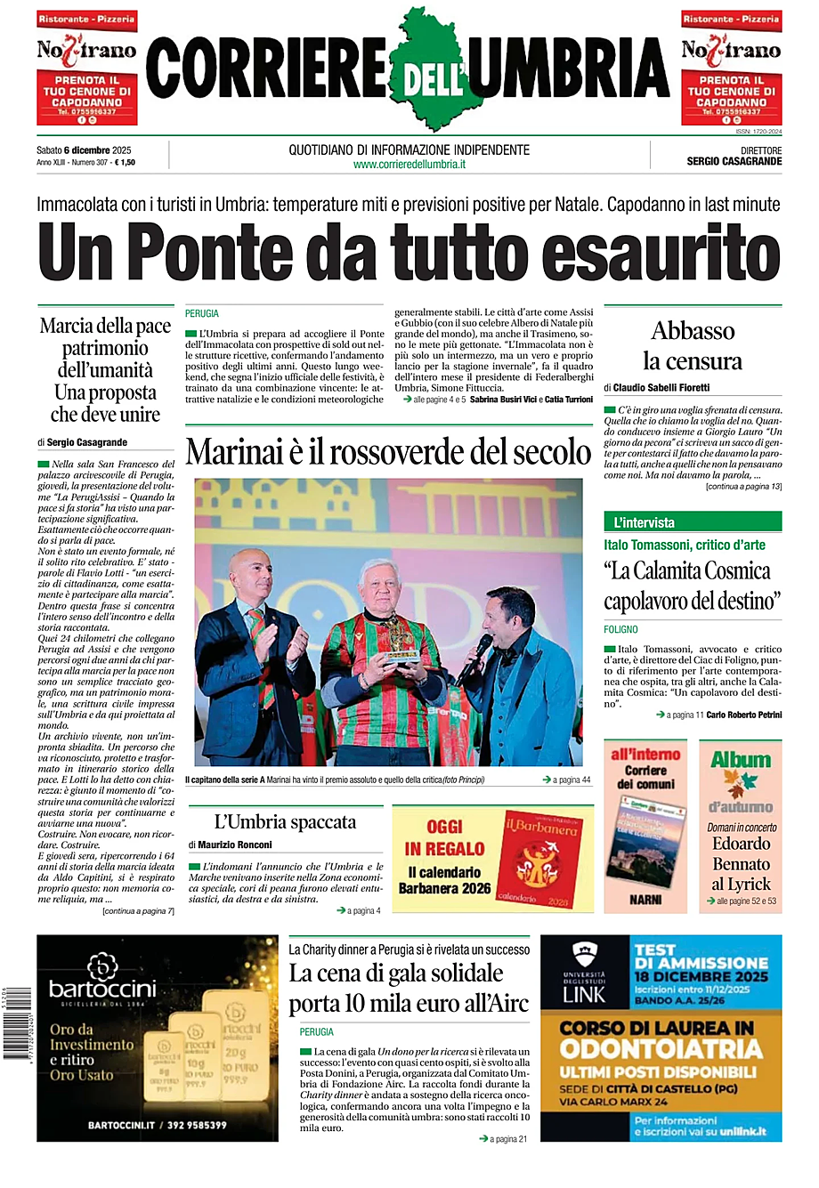 Prima pagina Corriere dell'Umbria di oggi - Edicola 6 Dicembre 2025
