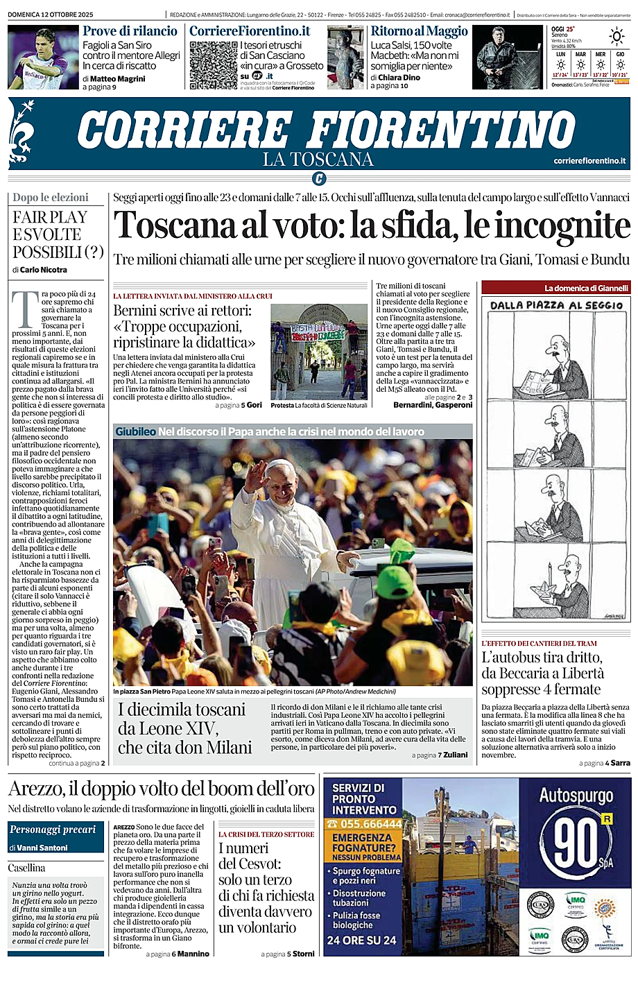 Prima pagina Corriere Fiorentino di oggi - Edicola 12 Ottobre 2025