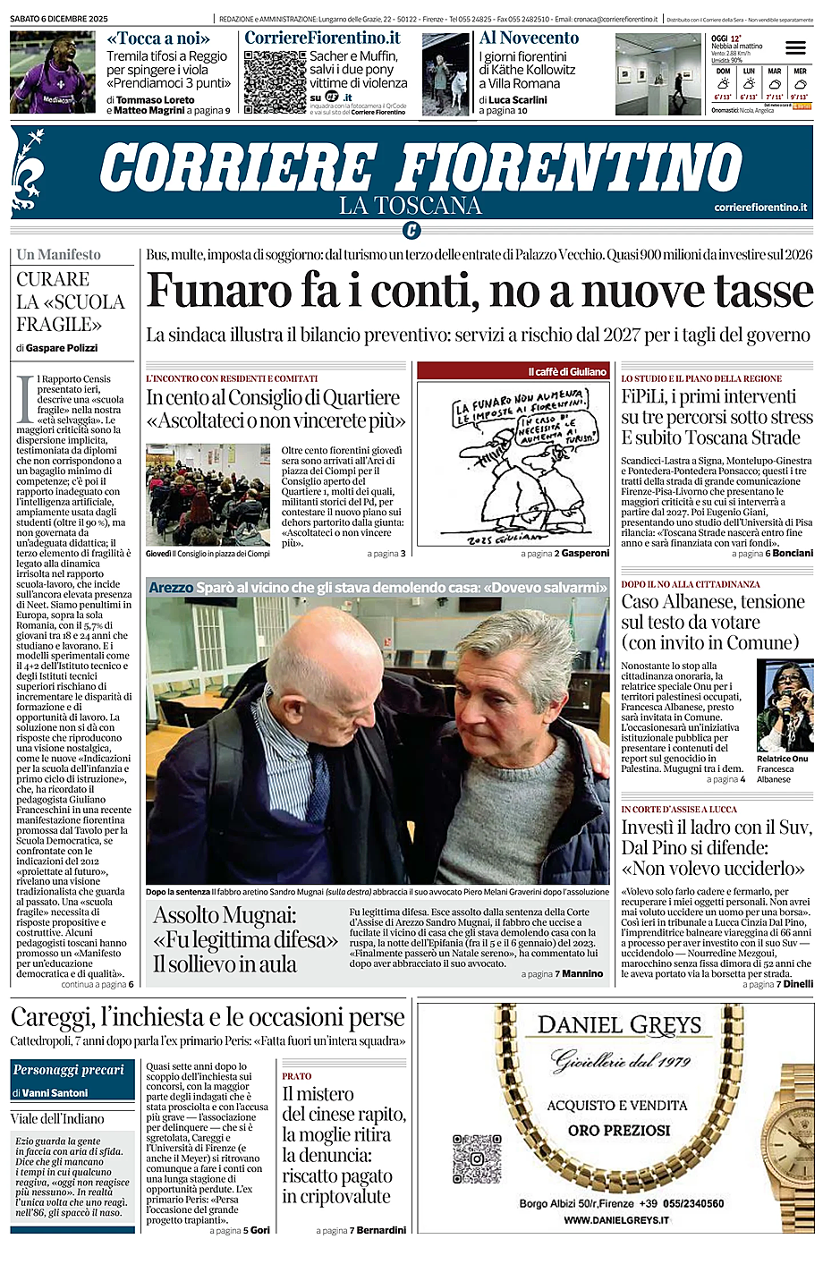 Prima pagina Corriere Fiorentino di oggi - Edicola 6 Dicembre 2025
