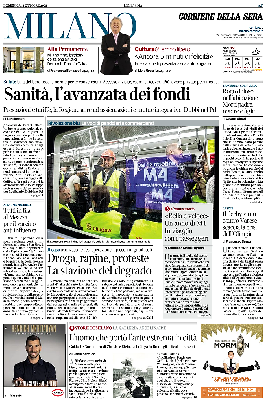 Prima pagina Corriere della Sera (Milano) di oggi - Edicola 12 Ottobre 2025