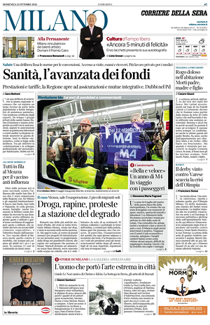 Prima pagina Corriere della Sera (Milano) di oggi - Quotidiano regionale