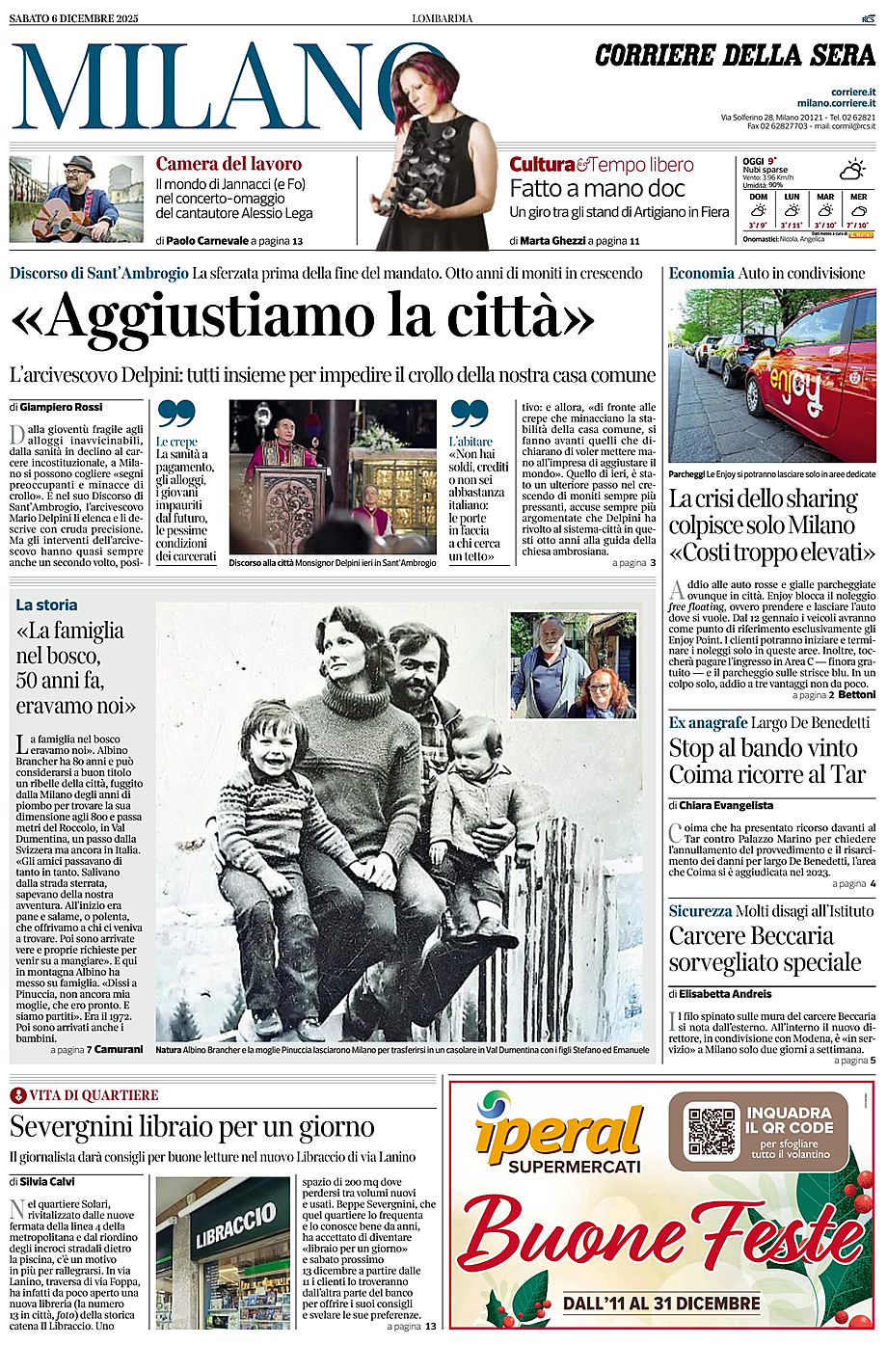Prima pagina Corriere della Sera (Milano) di oggi - Edicola 6 Dicembre 2025