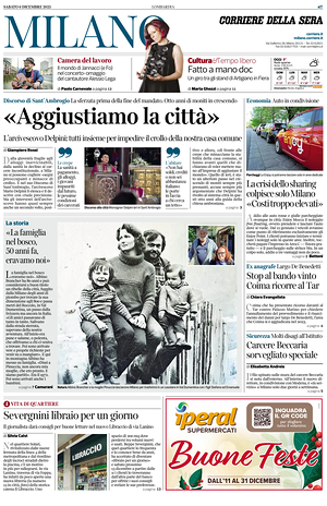 Prima pagina Corriere della Sera (Milano) di oggi - Quotidiano regionale