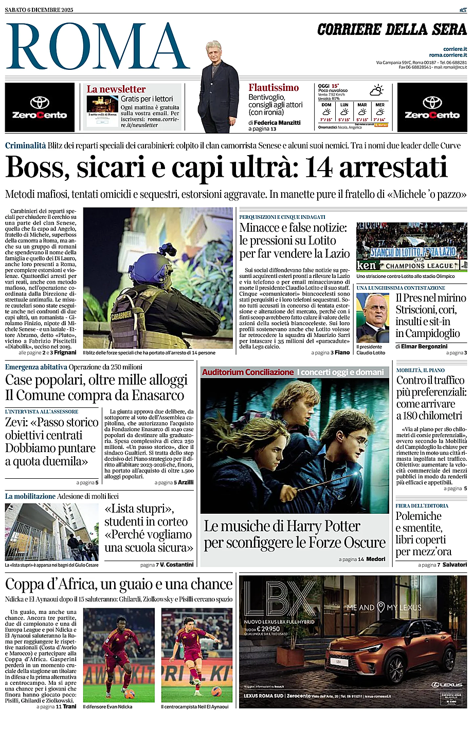 Prima pagina Corriere della Sera (Roma) di oggi - Edicola 6 Dicembre 2025