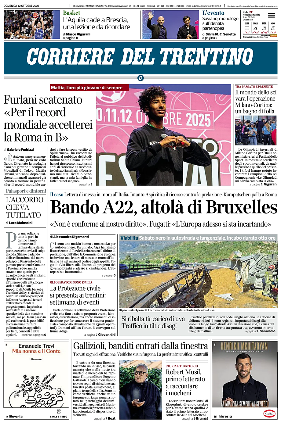 Prima pagina Corriere del Trentino di oggi - Edicola 12 Ottobre 2025