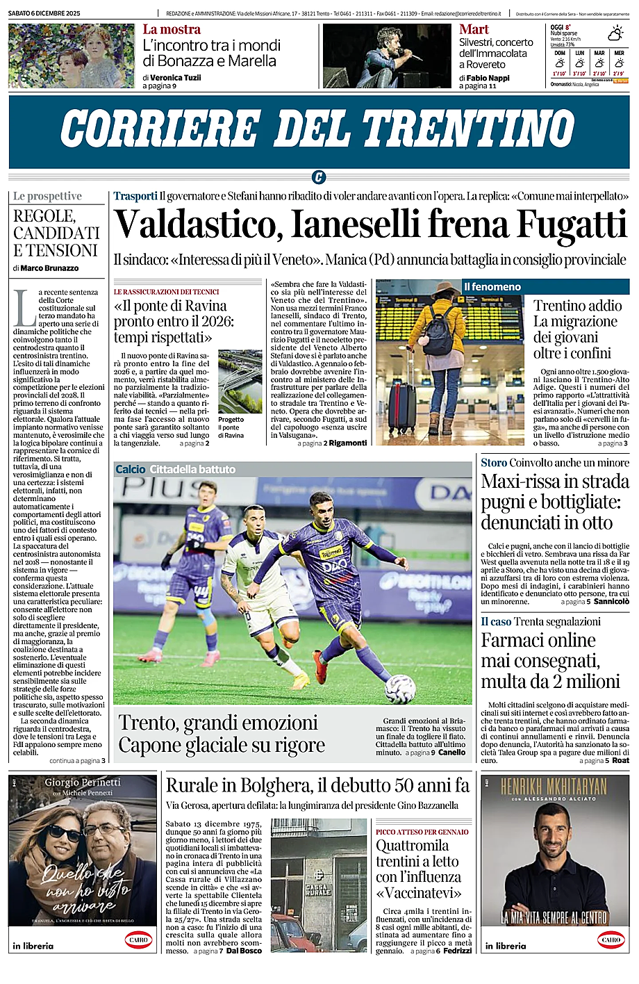 Prima pagina Corriere del Trentino di oggi - Edicola 6 Dicembre 2025
