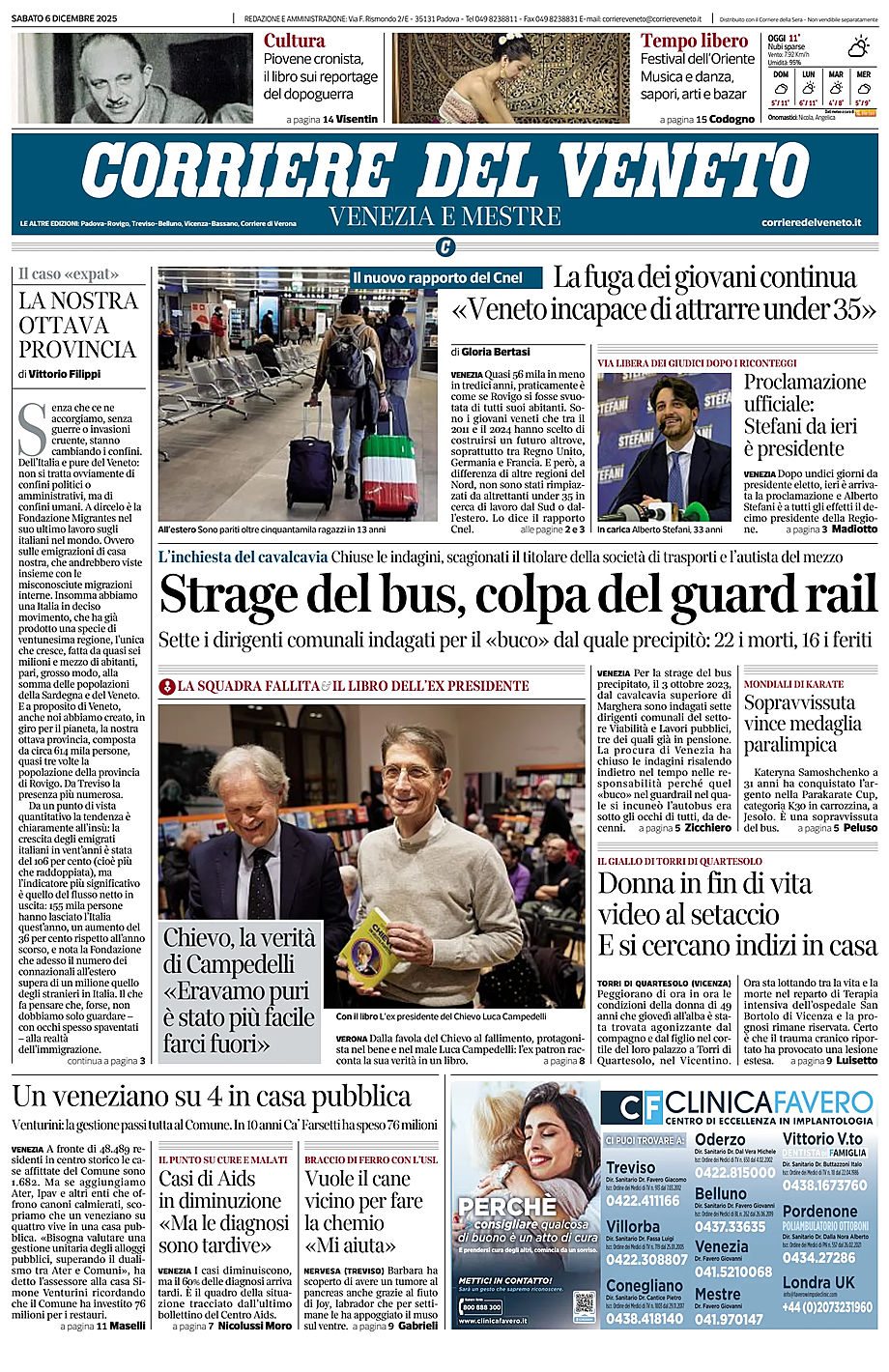 Prima pagina Corriere del Veneto di oggi - Edicola 6 Dicembre 2025