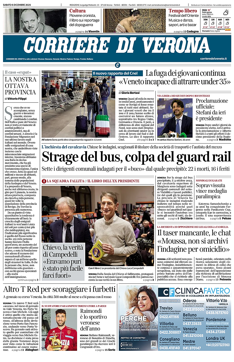 Prima pagina Corriere di Verona di oggi - Edicola 6 Dicembre 2025