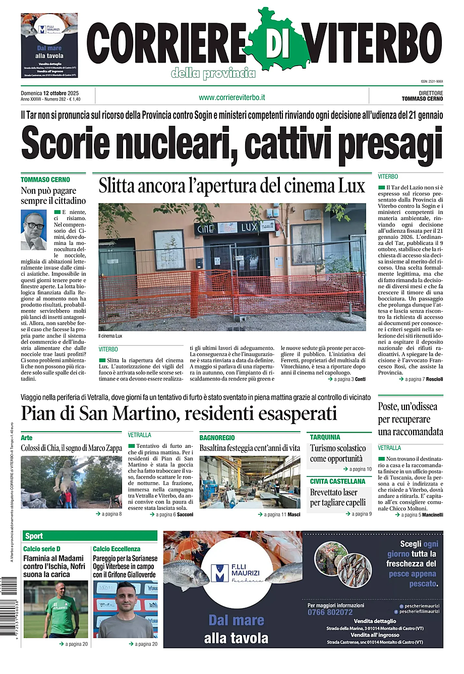 Prima pagina Corriere di Viterbo di oggi - Edicola 12 Ottobre 2025