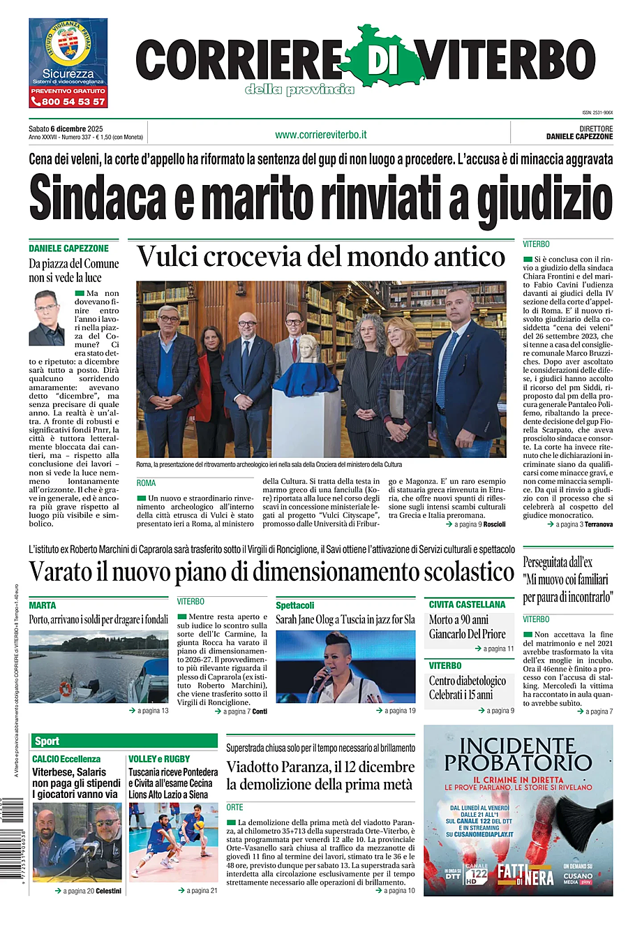 Prima pagina Corriere di Viterbo di oggi - Edicola 6 Dicembre 2025