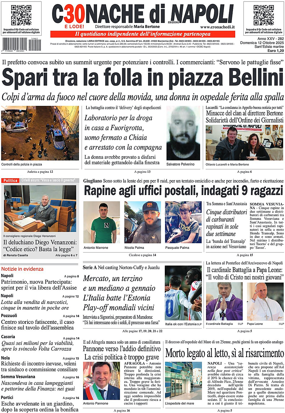 Prima pagina Cronache di Napoli di oggi - Edicola 12 Ottobre 2025