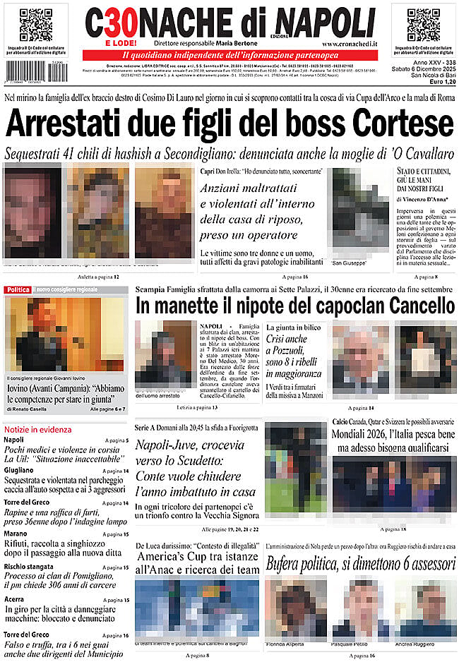 Prima pagina Cronache di Napoli di oggi - Edicola 6 Dicembre 2025