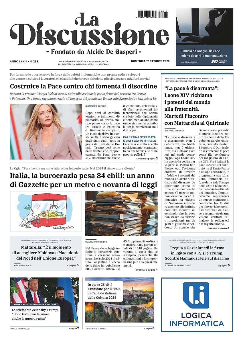 Prima pagina La Discussione di oggi - Edicola 12 Ottobre 2025