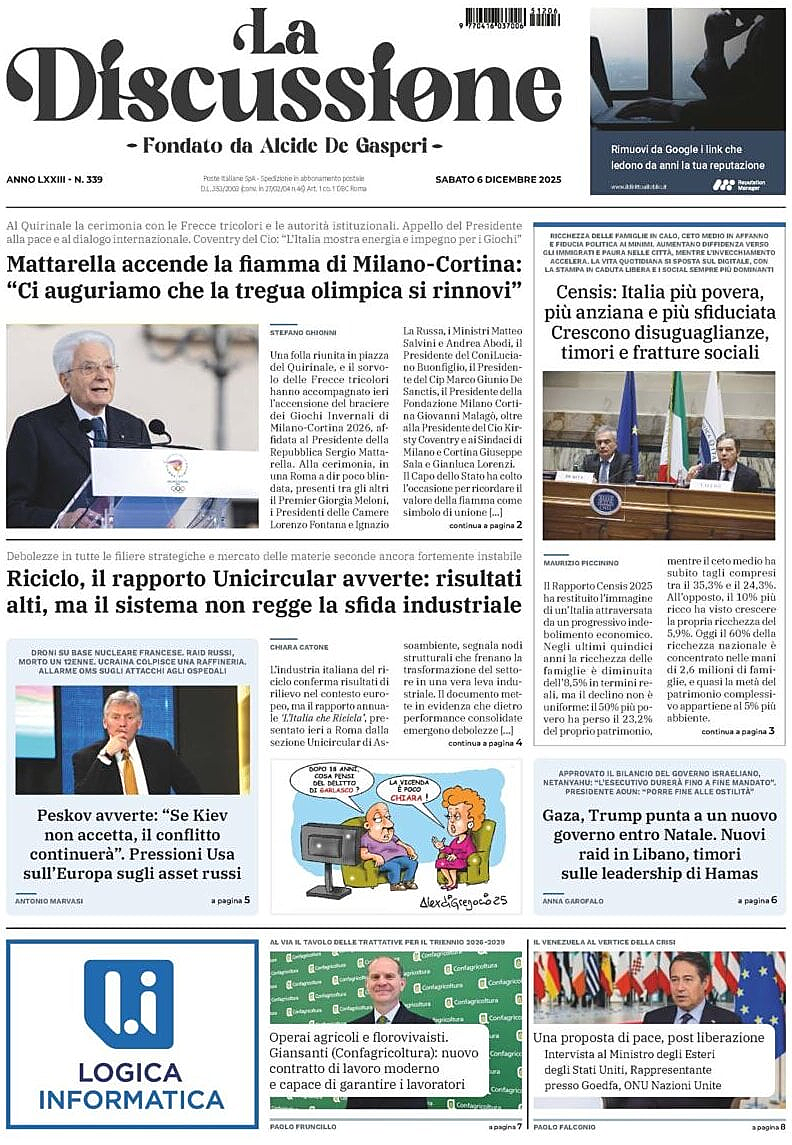 Prima pagina La Discussione di oggi - Edicola 6 Dicembre 2025