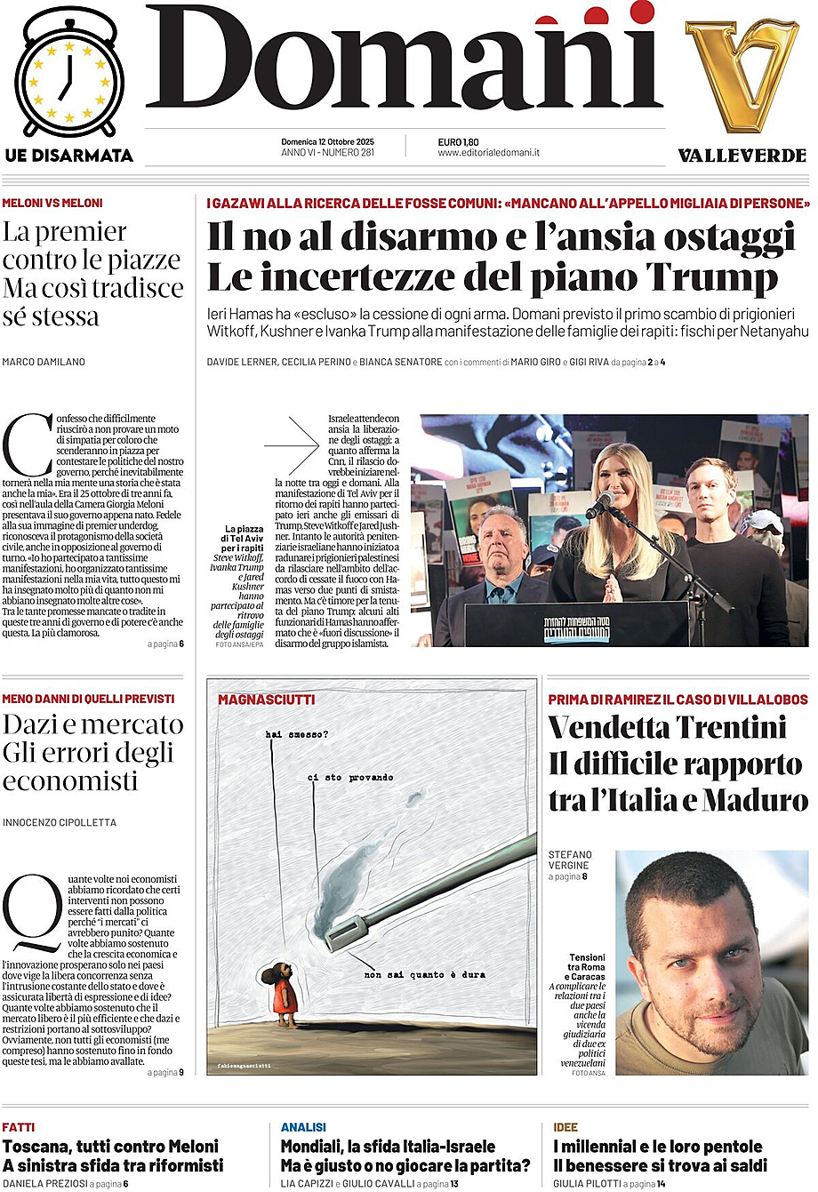 Prima pagina Domani di oggi - Edicola 12 Ottobre 2025