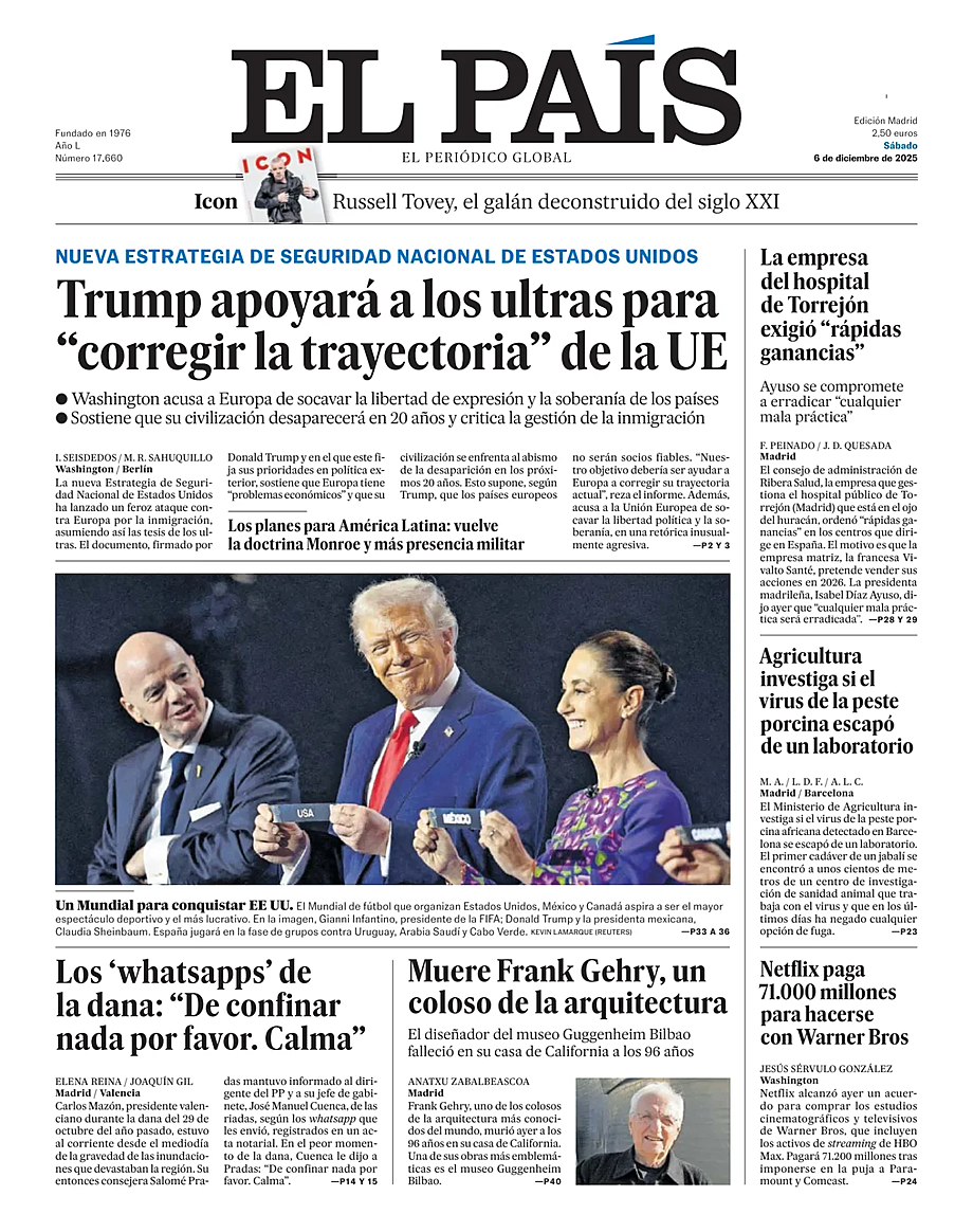Prima pagina El País di oggi - Edicola 6 Dicembre 2025