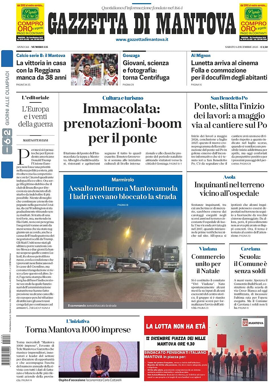 Prima pagina Gazzetta di Mantova di oggi - Edicola 6 Dicembre 2025