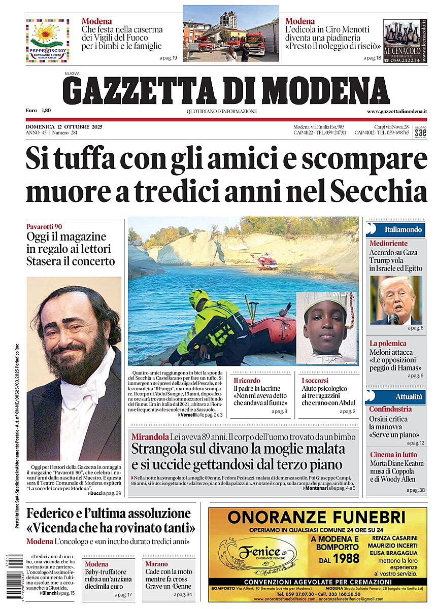 Prima pagina Gazzetta di Modena di oggi - Edicola 12 Ottobre 2025