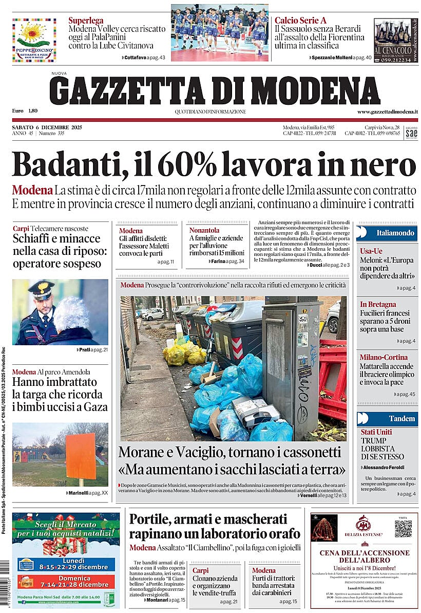 Prima pagina Gazzetta di Modena di oggi - Edicola 6 Dicembre 2025