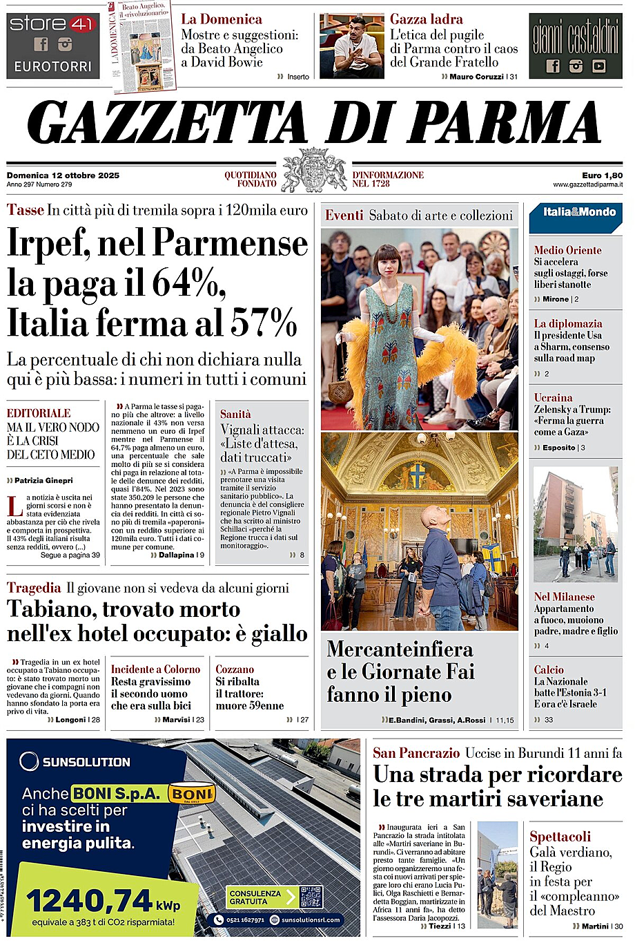 Prima pagina Gazzetta di Parma di oggi - Edicola 12 Ottobre 2025