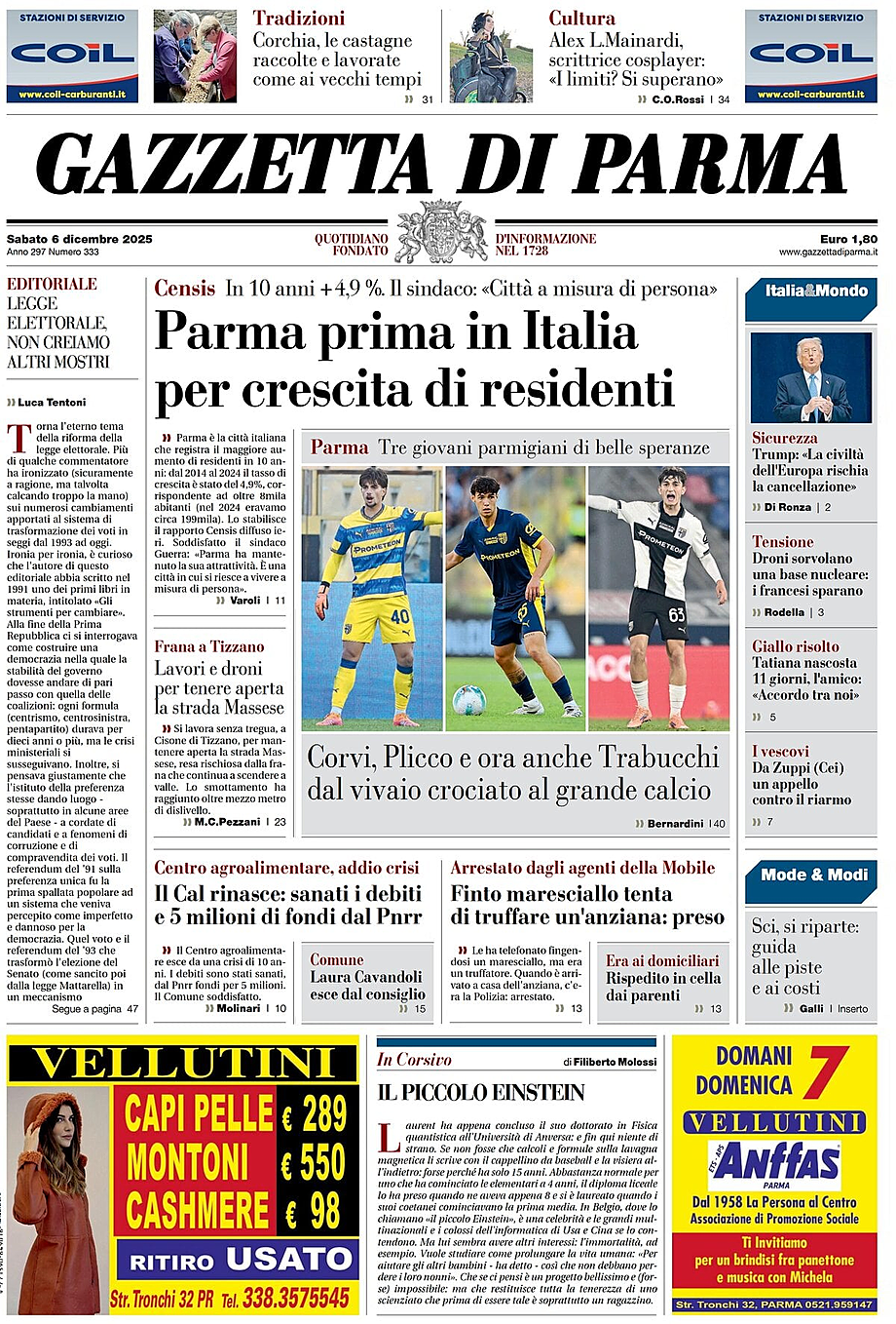 Prima pagina Gazzetta di Parma di oggi - Edicola 6 Dicembre 2025
